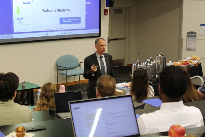 Dean Pollack welcomes students during Orientation 2026. 